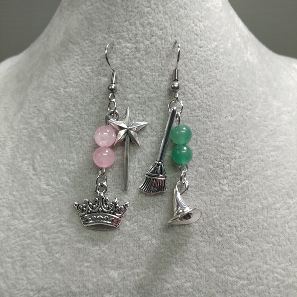 Witch Mismatched Earrings Rose Quartz Aventurine Natural Gemstone StainlessSteel - Picture 3 of 11